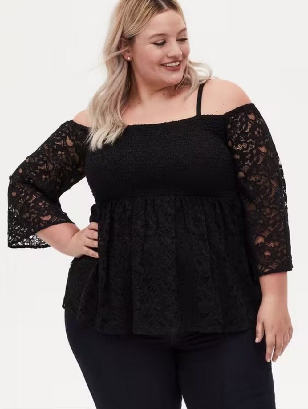 NWOT Torrid Black Babydoll Lace Smocked Cold Shoulder Top - Size 2